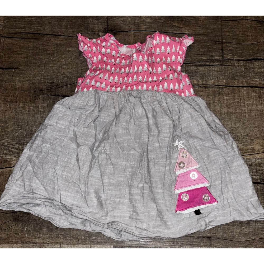 Ricrac‎ & Ruffles Girls Pink Grey Christmas Tree Flutter Sleeve Dress Pink Tree